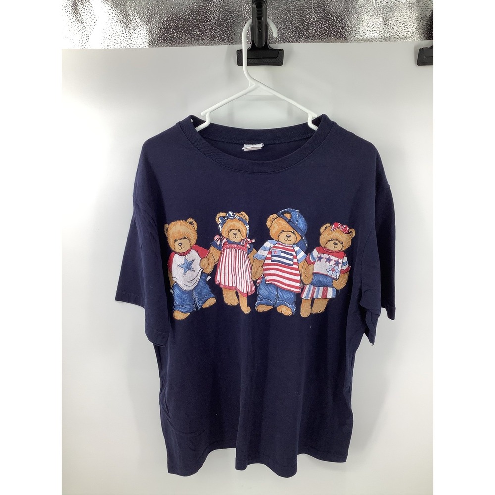 Vintage Patriotic Teddy Bear Graphic T-Shirt Navy Blue Short Sleeve Crew Neck - Picture 1 of 3